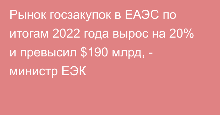 Рынок госзакупок в ЕАЭС по итогам 2022 года вырос на 20% и превысил $190 млрд, - министр ЕЭК