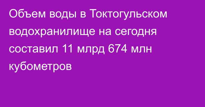 Объем воды в Токтогульском водохранилище на сегодня составил 11 млрд 674 млн кубометров