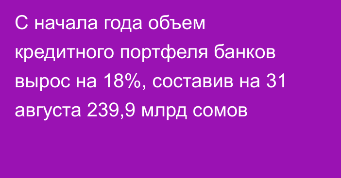 С начала года объем кредитного портфеля банков вырос на 18%, составив на 31 августа 239,9 млрд сомов