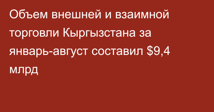 Объем внешней и взаимной торговли Кыргызстана за январь-август составил $9,4 млрд