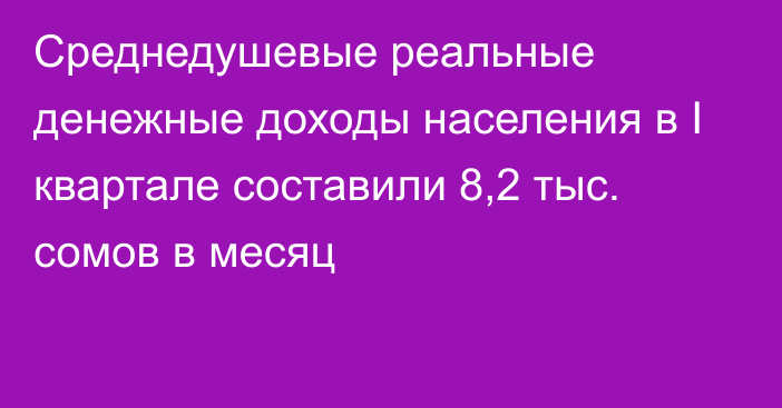 Среднедушевые реальные денежные доходы населения в I квартале составили 8,2 тыс. сомов в месяц