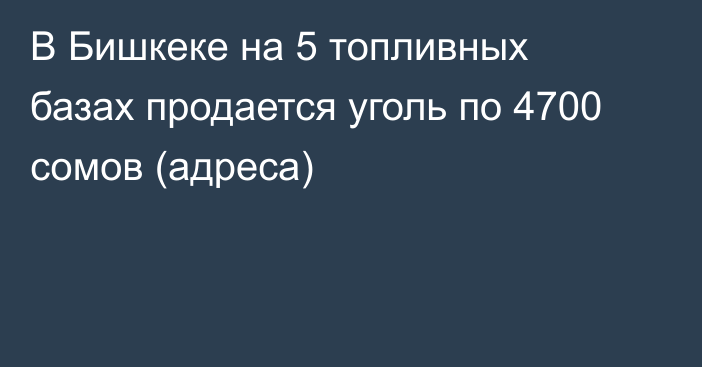 В Бишкеке на 5 топливных базах продается уголь по 4700 сомов (адреса)