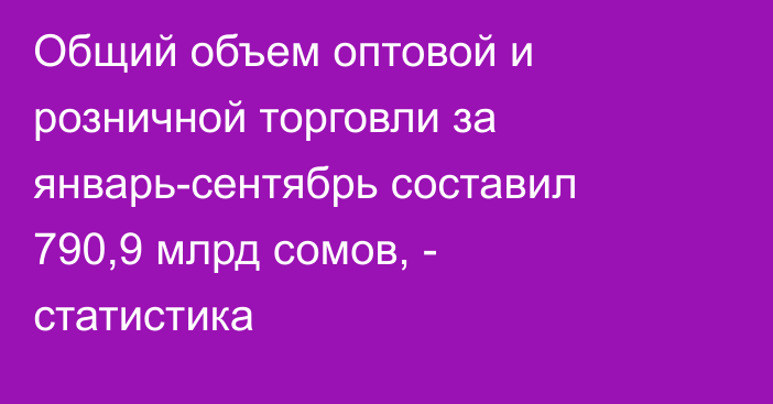 Общий объем оптовой и розничной торговли за январь-сентябрь составил 790,9 млрд сомов, - статистика