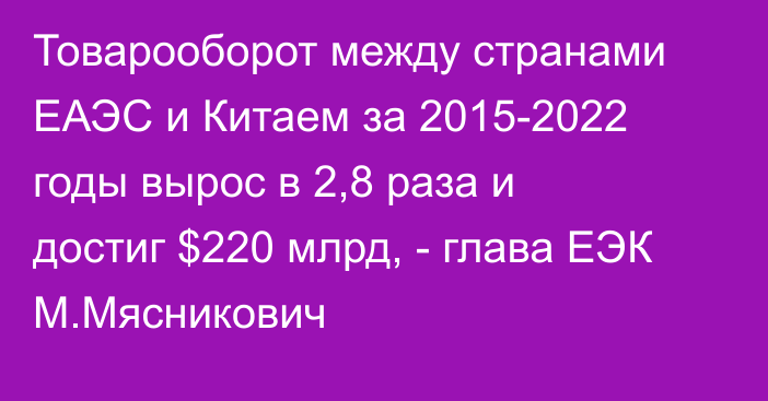 Товарооборот между странами ЕАЭС и Китаем за 2015-2022 годы вырос в 2,8 раза и достиг $220 млрд, - глава ЕЭК М.Мясникович