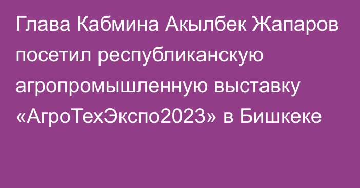 Глава Кабмина Акылбек Жапаров посетил республиканскую агропромышленную выставку «АгроТехЭкспо2023» в Бишкеке