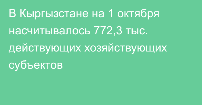 В Кыргызстане на 1 октября насчитывалось 772,3 тыс. действующих хозяйствующих субъектов