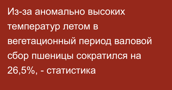 Из-за аномально высоких температур летом в вегетационный период валовой сбор пшеницы сократился на 26,5%, - статистика