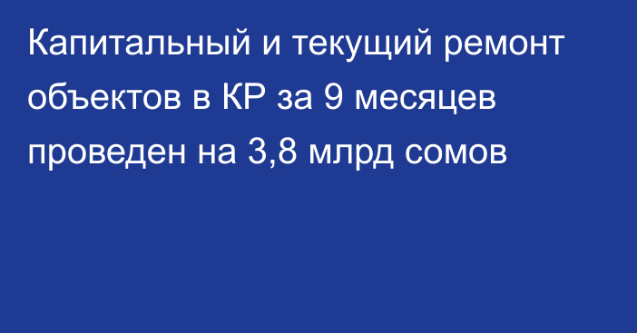 Капитальный и текущий ремонт объектов в КР за 9 месяцев проведен на 3,8 млрд сомов