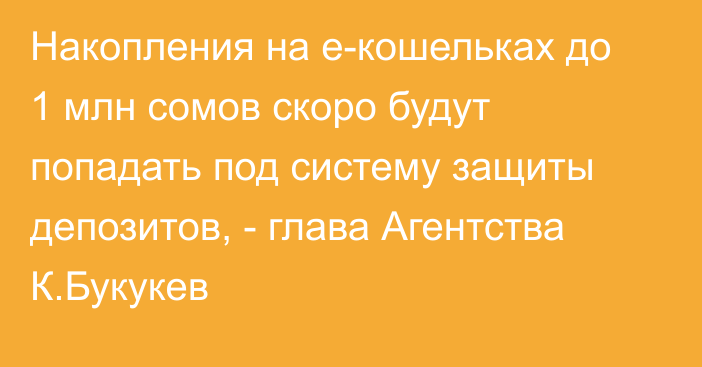 Накопления на е-кошельках до 1 млн сомов скоро будут попадать под систему защиты депозитов, - глава Агентства К.Букукев