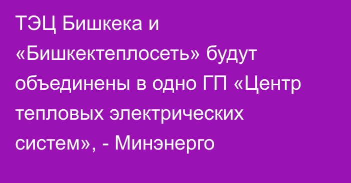 ТЭЦ Бишкека и «Бишкектеплосеть» будут объединены в одно ГП «Центр тепловых электрических систем», - Минэнерго