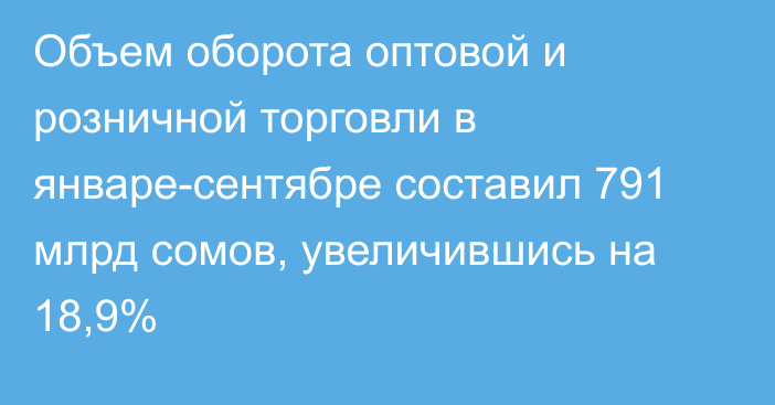 Объем оборота оптовой и розничной торговли в январе-сентябре составил 791 млрд сомов, увеличившись на 18,9%