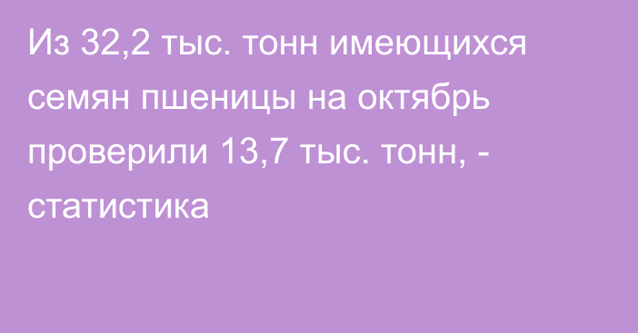 Из 32,2 тыс. тонн имеющихся семян пшеницы на октябрь проверили 13,7 тыс. тонн, - статистика