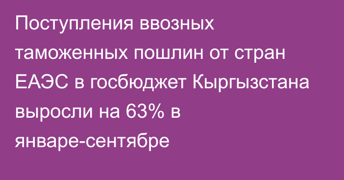 Поступления ввозных таможенных пошлин от стран ЕАЭС в госбюджет Кыргызстана выросли на 63% в январе-сентябре