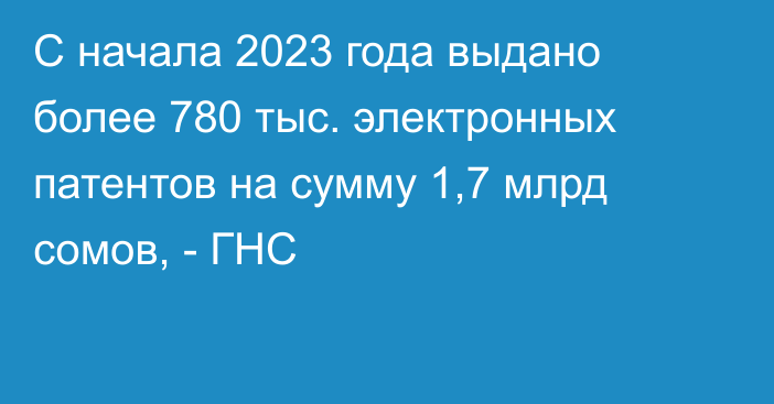 С начала 2023 года выдано более 780 тыс. электронных патентов на сумму 1,7 млрд сомов, - ГНС