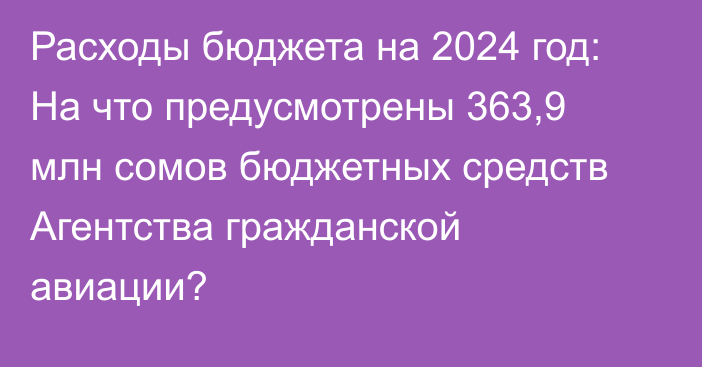 Расходы бюджета на 2024 год: На что предусмотрены 363,9 млн сомов бюджетных средств Агентства гражданской авиации?