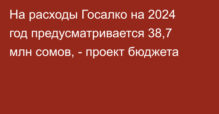 На расходы Госалко на 2024 год предусматривается 38,7 млн сомов, - проект бюджета