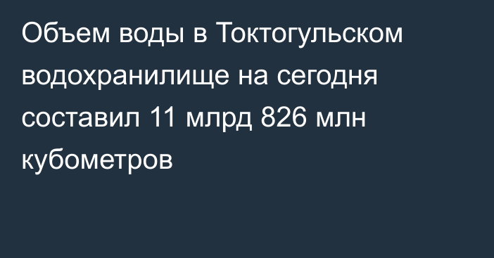 Объем воды в Токтогульском водохранилище на сегодня составил 11 млрд 826 млн кубометров