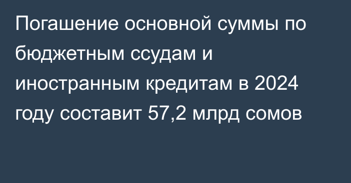 Погашение основной суммы по бюджетным ссудам и иностранным кредитам в 2024 году составит 57,2 млрд сомов