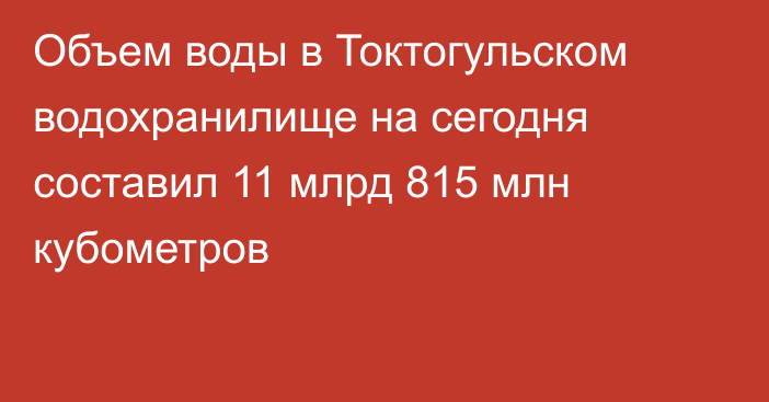 Объем воды в Токтогульском водохранилище на сегодня составил 11 млрд 815 млн кубометров