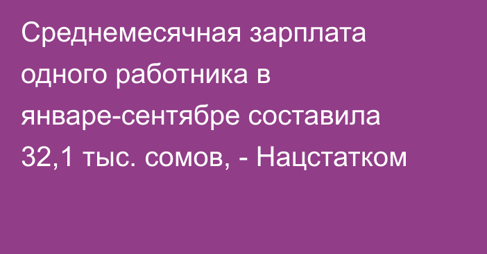 Среднемесячная зарплата одного работника в январе-сентябре составила 32,1 тыс. сомов, - Нацстатком