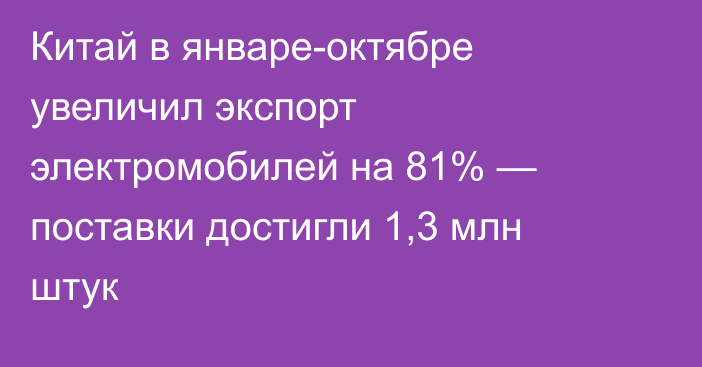 Китай в январе-октябре увеличил экспорт электромобилей на 81% — поставки достигли 1,3 млн штук