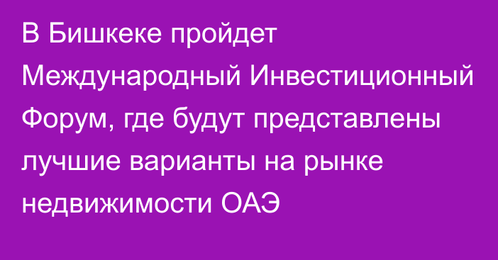 В Бишкеке пройдет Международный Инвестиционный Форум, где будут представлены лучшие варианты на рынке недвижимости ОАЭ