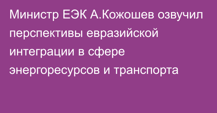 Министр ЕЭК А.Кожошев озвучил перспективы евразийской интеграции в сфере энергоресурсов и транспорта