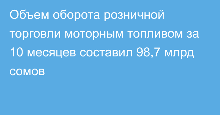 Объем оборота розничной торговли моторным топливом за 10 месяцев составил 98,7 млрд сомов