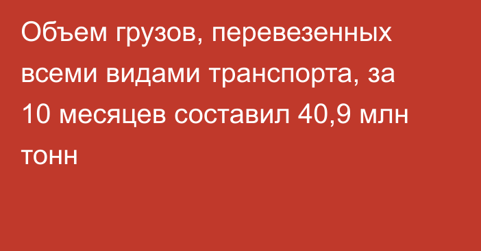 Объем грузов, перевезенных всеми видами транспорта, за 10 месяцев составил 40,9 млн тонн