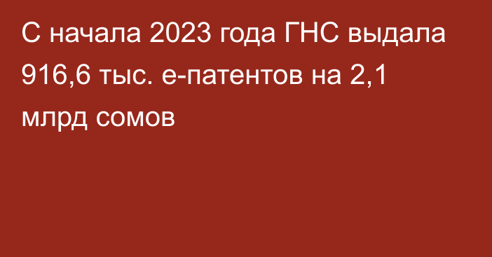 С начала 2023 года ГНС выдала 916,6 тыс. е-патентов на 2,1 млрд сомов