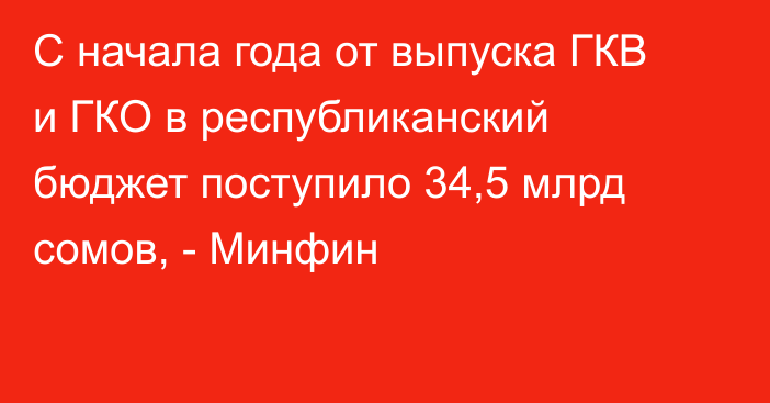 С начала года от выпуска ГКВ и ГКО в республиканский бюджет поступило 34,5 млрд сомов, - Минфин