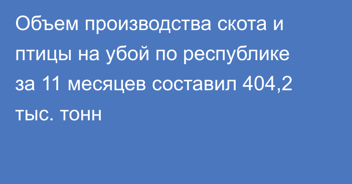 Объем производства скота и птицы на убой по республике за 11 месяцев составил 404,2 тыс. тонн