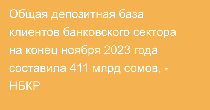 Общая депозитная база клиентов банковского сектора на конец ноября 2023 года составила 411 млрд сомов, - НБКР