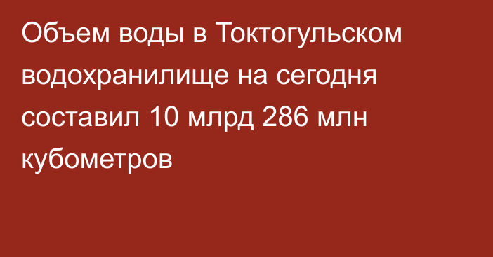 Объем воды в Токтогульском водохранилище на сегодня составил 10 млрд 286 млн кубометров