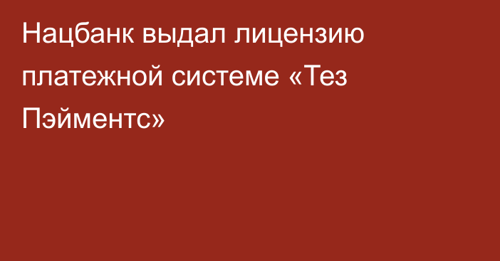 Нацбанк выдал лицензию платежной системе «Тез Пэйментс»