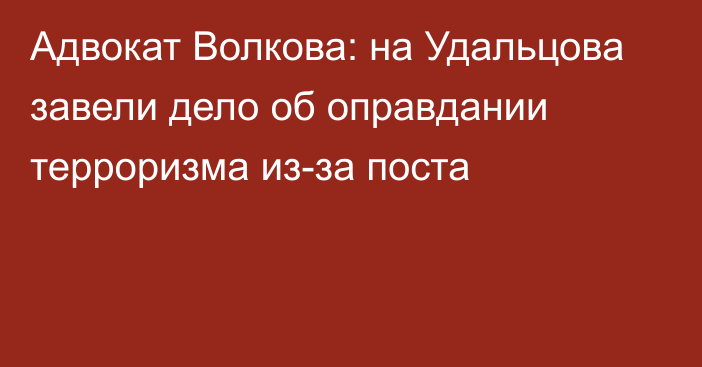 Адвокат Волкова: на Удальцова завели дело об оправдании терроризма из-за поста