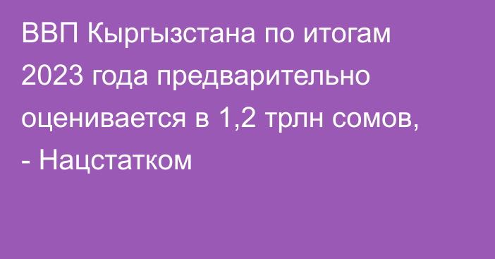 ВВП Кыргызстана по итогам 2023 года предварительно оценивается в 1,2 трлн сомов, - Нацстатком