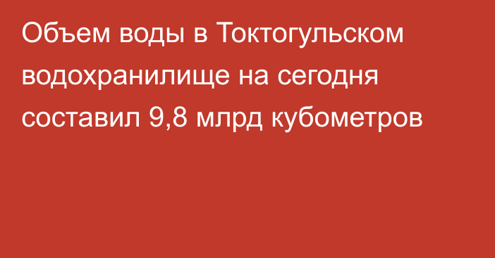 Объем воды в Токтогульском водохранилище на сегодня составил 9,8 млрд кубометров