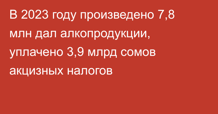 В 2023 году произведено 7,8 млн дал алкопродукции, уплачено 3,9 млрд сомов акцизных налогов