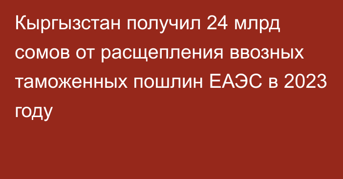 Кыргызстан получил 24 млрд сомов от расщепления ввозных таможенных пошлин ЕАЭС в 2023 году