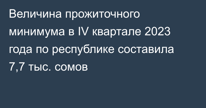 Величина прожиточного минимума в IV квартале 2023 года по республике составила 7,7 тыс. сомов