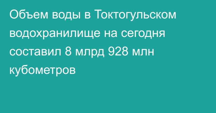 Объем воды в Токтогульском водохранилище на сегодня составил 8 млрд 928 млн кубометров