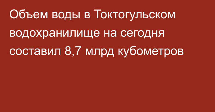 Объем воды в Токтогульском водохранилище на сегодня составил 8,7 млрд кубометров