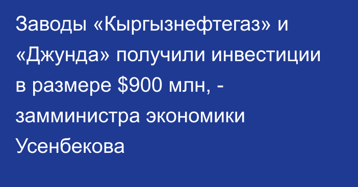 Заводы «Кыргызнефтегаз» и «Джунда» получили инвестиции в размере $900 млн, - замминистра экономики Усенбекова