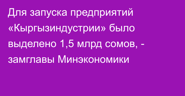 Для запуска предприятий «Кыргызиндустрии» было выделено 1,5 млрд сомов, - замглавы Минэкономики