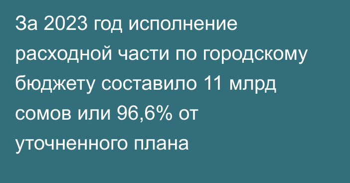 За 2023 год исполнение расходной части по городскому бюджету составило 11 млрд сомов или 96,6% от уточненного плана