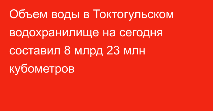 Объем воды в Токтогульском водохранилище на сегодня составил 8 млрд 23 млн кубометров