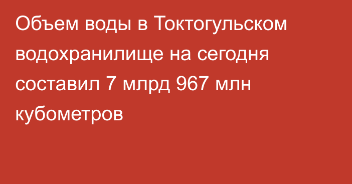 Объем воды в Токтогульском водохранилище на сегодня составил 7 млрд 967 млн кубометров