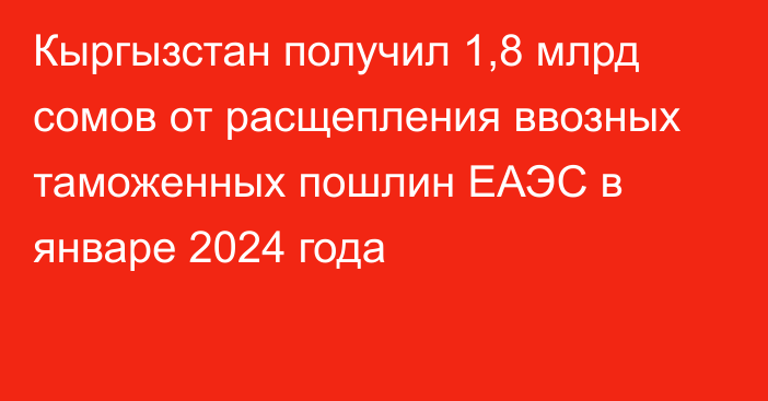 Кыргызстан получил 1,8 млрд сомов от расщепления ввозных таможенных пошлин ЕАЭС в январе 2024 года