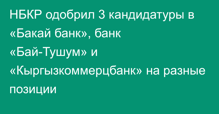 НБКР одобрил 3 кандидатуры в «Бакай банк», банк «Бай-Тушум» и «Кыргызкоммерцбанк» на разные позиции